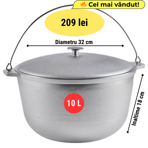 Ceaun Aluminiu Alimentar 10 L cu Capac, Inteliced® – Turnat în Matrițe de Răcire, Fund Plat Gros, Curățare Rapidă