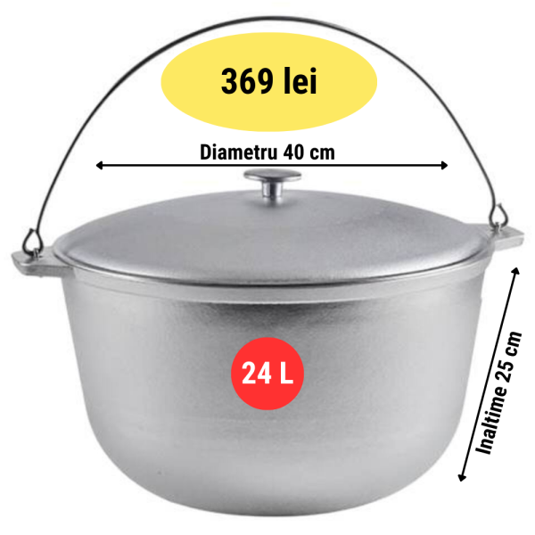Ceaun Aluminiu Alimentar 24L cu Capac, Inteliced® – Turnat in Matrite de Racire, Fund Plat Gros, Curatare Rapida