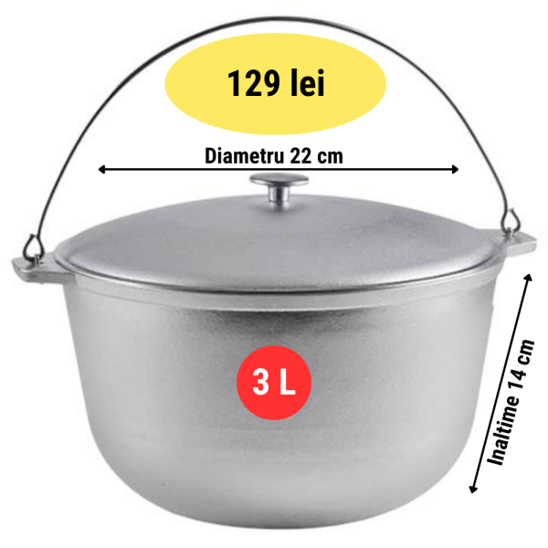 Ceaun Aluminiu Alimentar 3L cu Capac, Inteliced® – Turnat in Matrite de Racire, Fund Plat Gros, Curatare Rapida